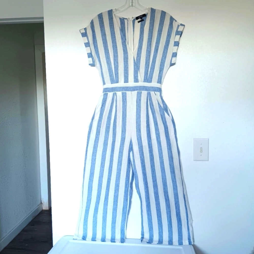 Miss Me jumpsuit Striped Linen White Blue pockets Summer Beach Vacation sz S - Picture 2 of 16